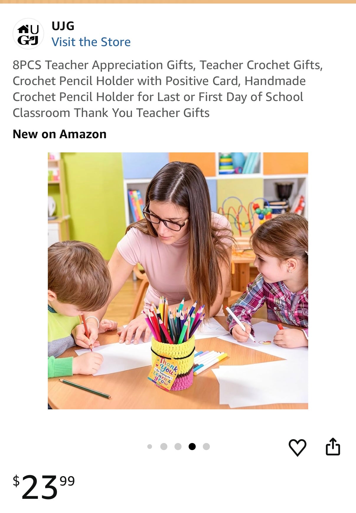 8PCS Teacher Appreciation Gifts, Teacher Crochet Gifts, Crochet Pencil Holder with Positive Card, Handmade Crochet Pencil Holder for Last or First Day of School Classroom Thank You Teacher Gifts