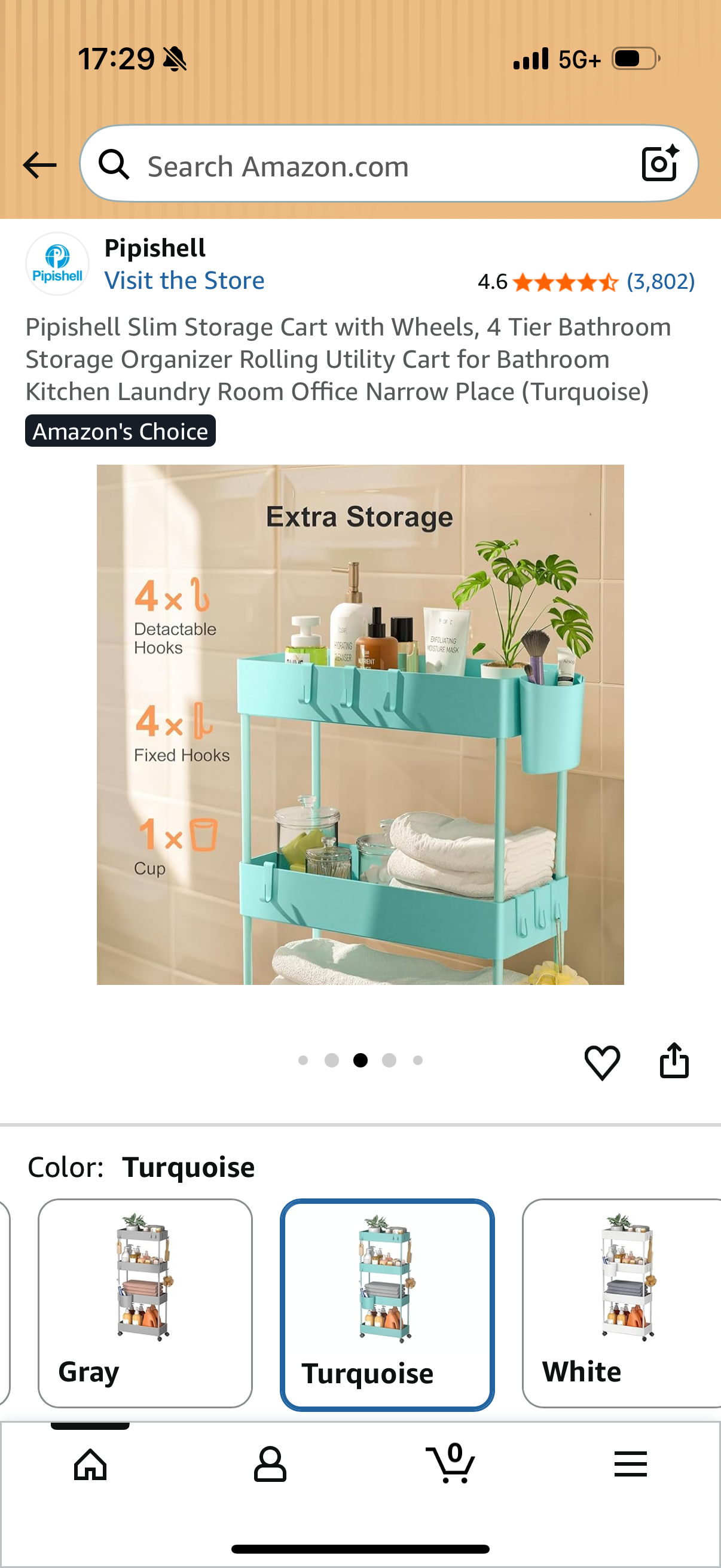 Pipishell Slim Storage Cart with Wheels, 4 Tier Bathroom Storage Organizer Rolling Utility Cart for Bathroom Kitchen Laundry Room Office Narrow Place (Turquoise)