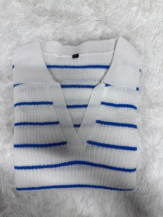 Women's Striped Summer Dress, Short Sleeve V Neck Knit Collared Maxi Sweater Dress (Size XL)