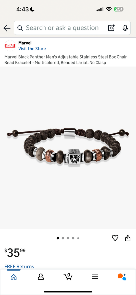 Marvel Black Panther Adjustable Stainless Steel Bead Bracelet
