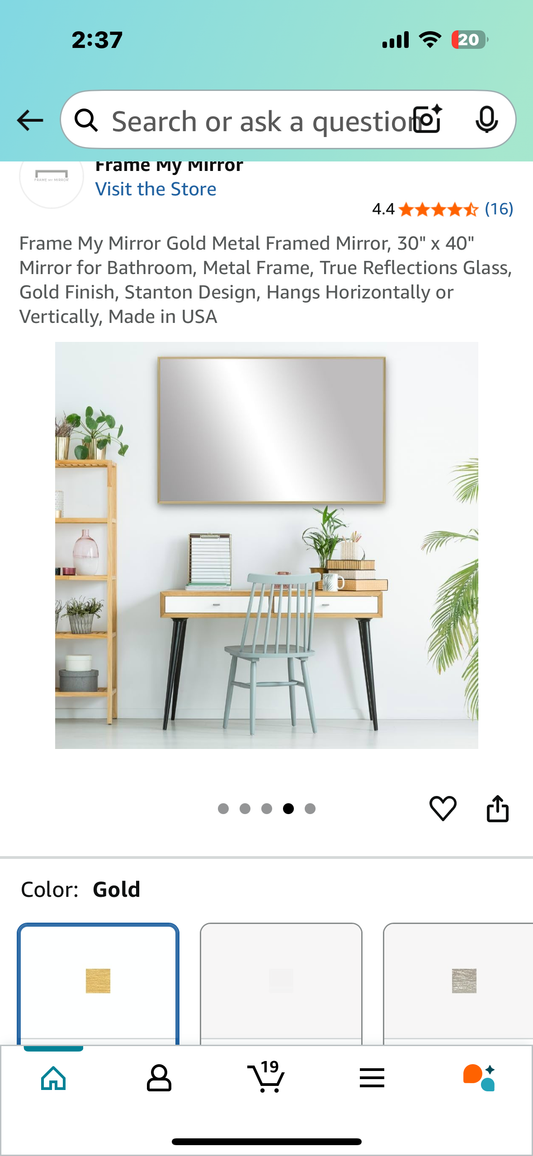 Frame My Mirror Gold Metal Framed Mirror, 30" x 40" Mirror for Bathroom, Metal Frame, True Reflections Glass, Gold Finish, Stanton Design, Hangs Horizontally or Vertically, Made in USA (M380)