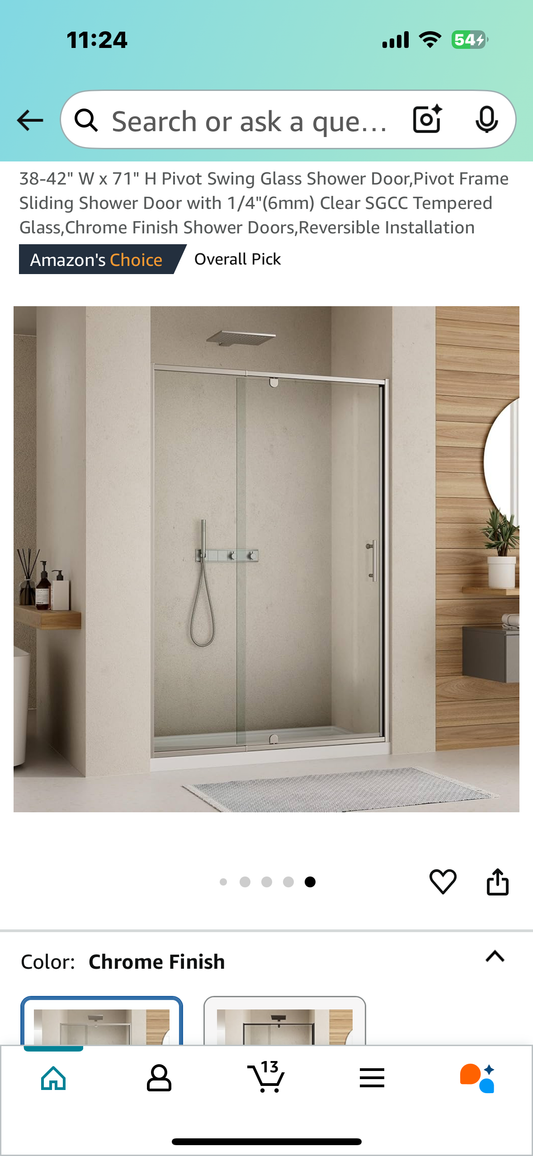 New - 38-42" W x 71" H Pivot Swing Glass Shower Door with 1/4"(6mm) Clear Tempered Glass, Reversible (B835)