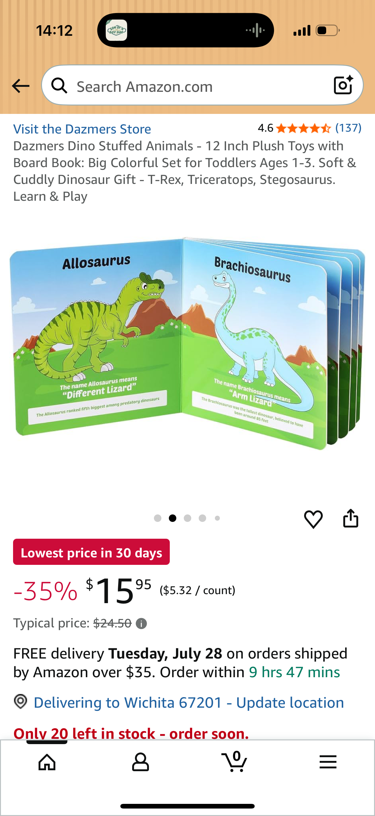 Dazmers Dino Stuffed Animals - 12 Inch Plush Toys with Board Book: Big Colorful Set for Toddlers Ages 1-3. Soft & Cuddly Dinosaur Gift - T-Rex, Triceratops, Stegosaurus. Learn & Play