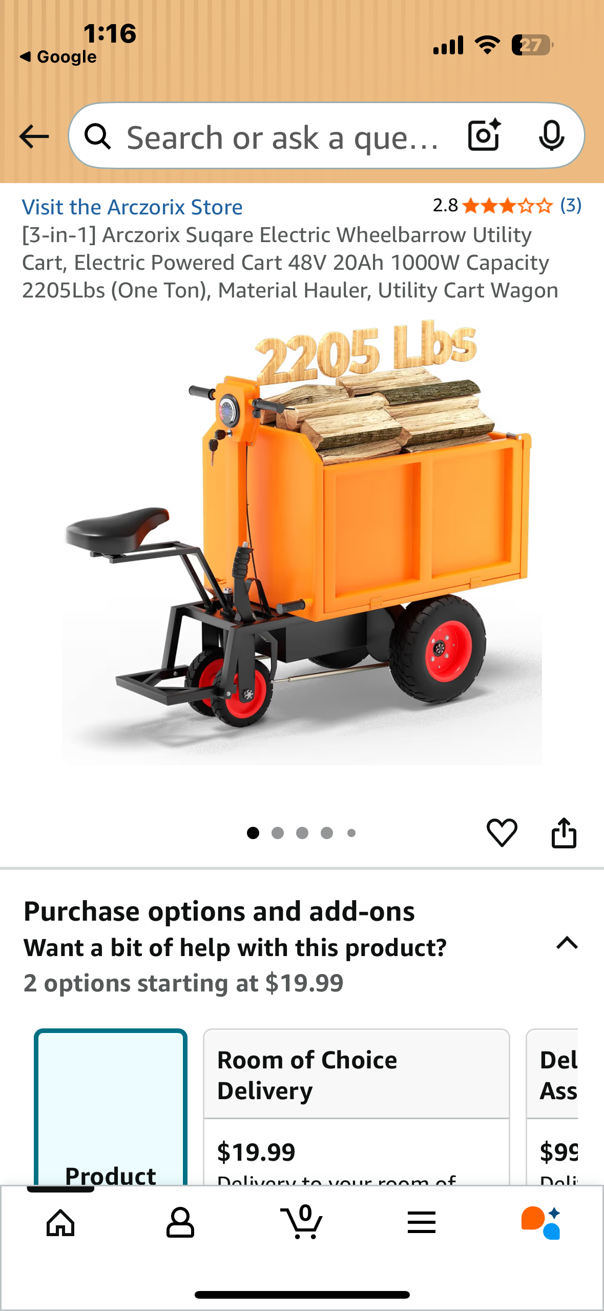 Arczorix [3-in-1] Electric Wheelbarrow Utility Cart, Electric Powered Cart 48V 20Ah 1000W Capacity 2205Lbs (One Ton), Material Hauler, Utility Cart Wagon (G876)