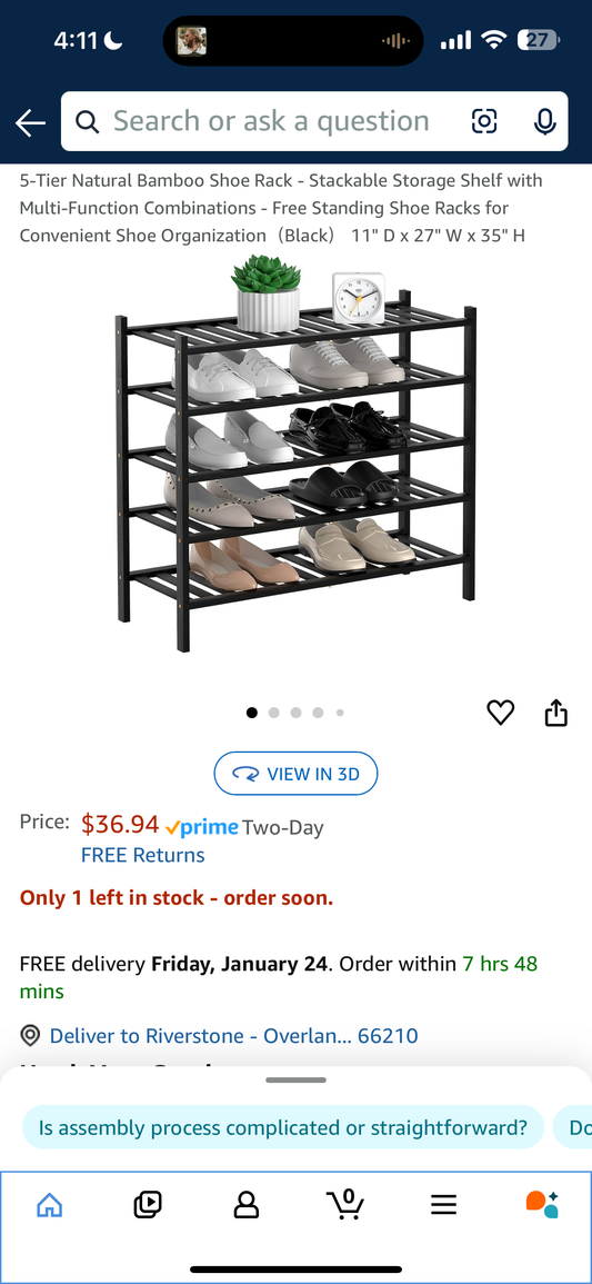 Black Bamboo Shoe Rack 11”D x 27”W x 35”H