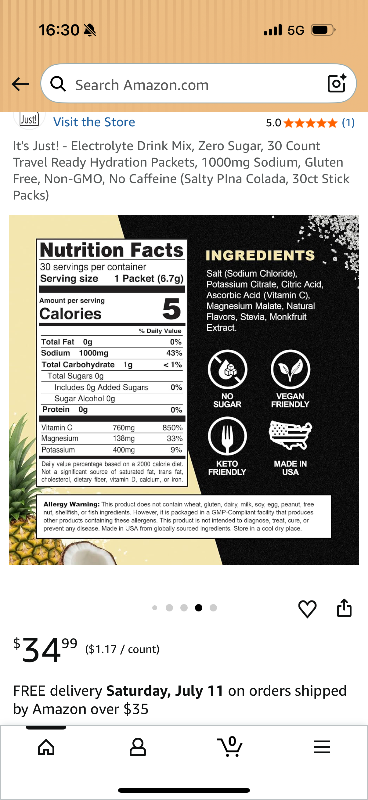 It's Just! - Electrolyte Drink Mix, Zero Sugar, 30 Count Travel Ready Hydration Packets, 1000mg Sodium, Gluten Free, Non-GMO, No Caffeine (Salty PIna Colada, 30ct Stick Packs)