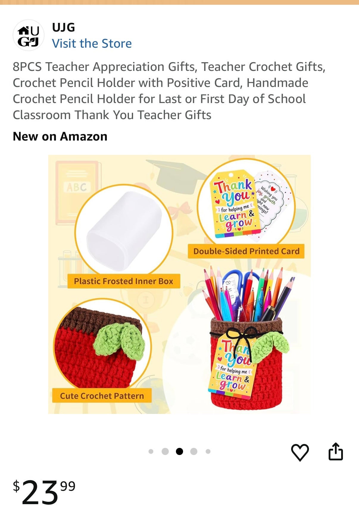 8PCS Teacher Appreciation Gifts, Teacher Crochet Gifts, Crochet Pencil Holder with Positive Card, Handmade Crochet Pencil Holder for Last or First Day of School Classroom Thank You Teacher Gifts
