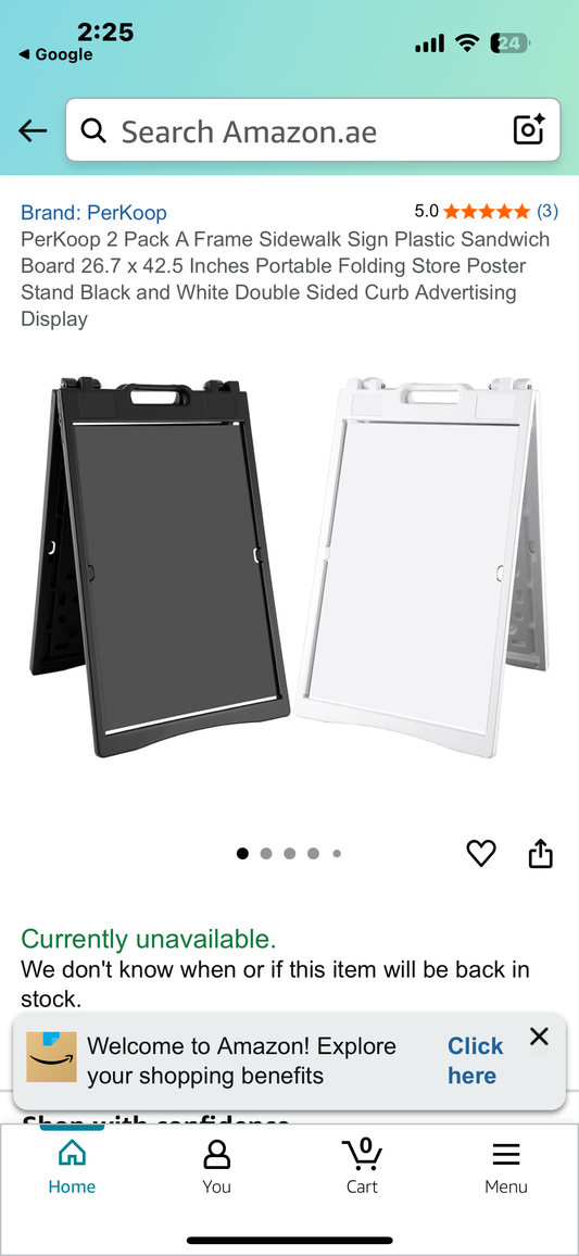 PerKoop 2 Pack A Frame Sidewalk Signs, Plastic Sandwich Boards 26.7”x 42.5”, Portable Folding Black and White Double Sided Advertising Display (R627)