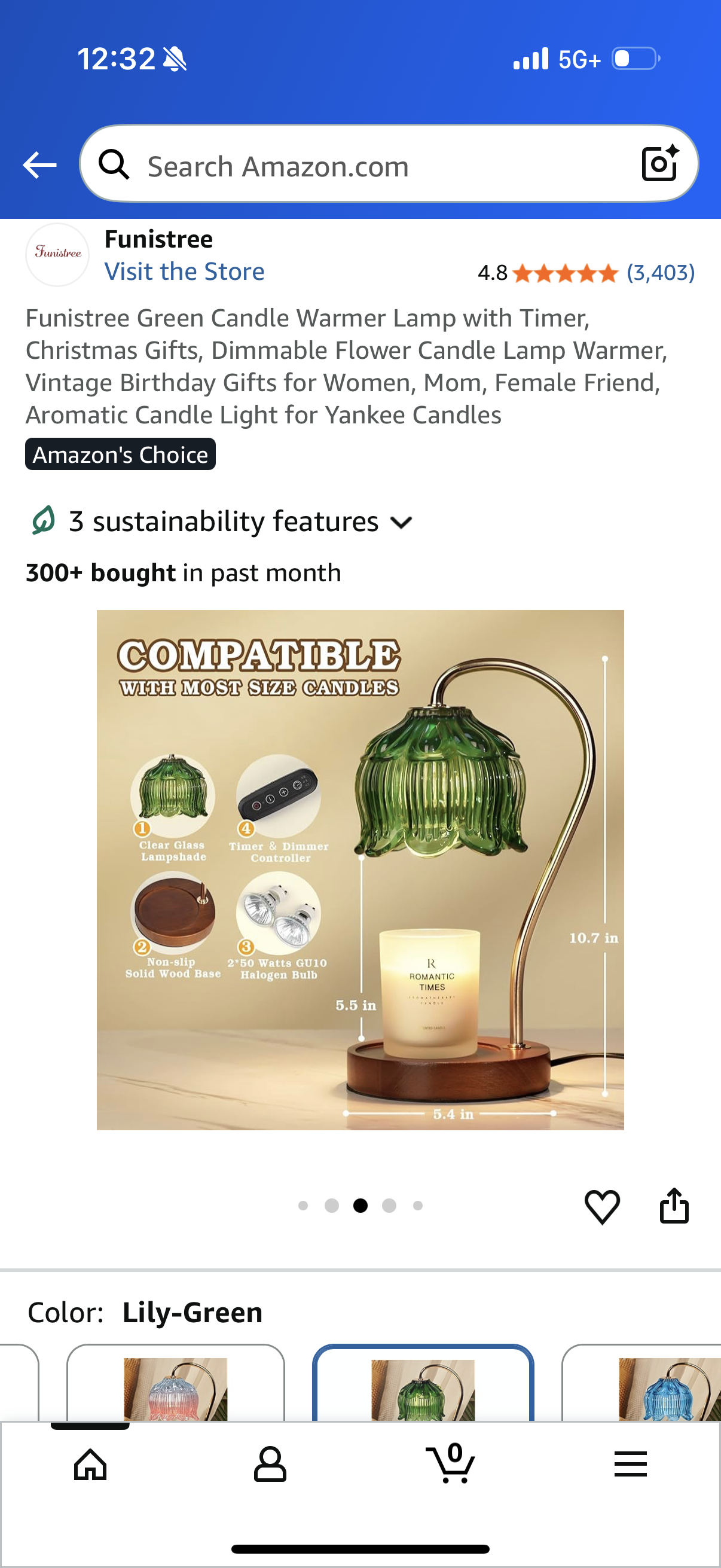 Funistree Green Candle Warmer Lamp with Timer, Christmas Gifts, Dimmable Flower Candle Lamp Warmer, Vintage Birthday Gifts for Women, Mom, Female Friend, Aromatic Candle Light for Yankee Candles