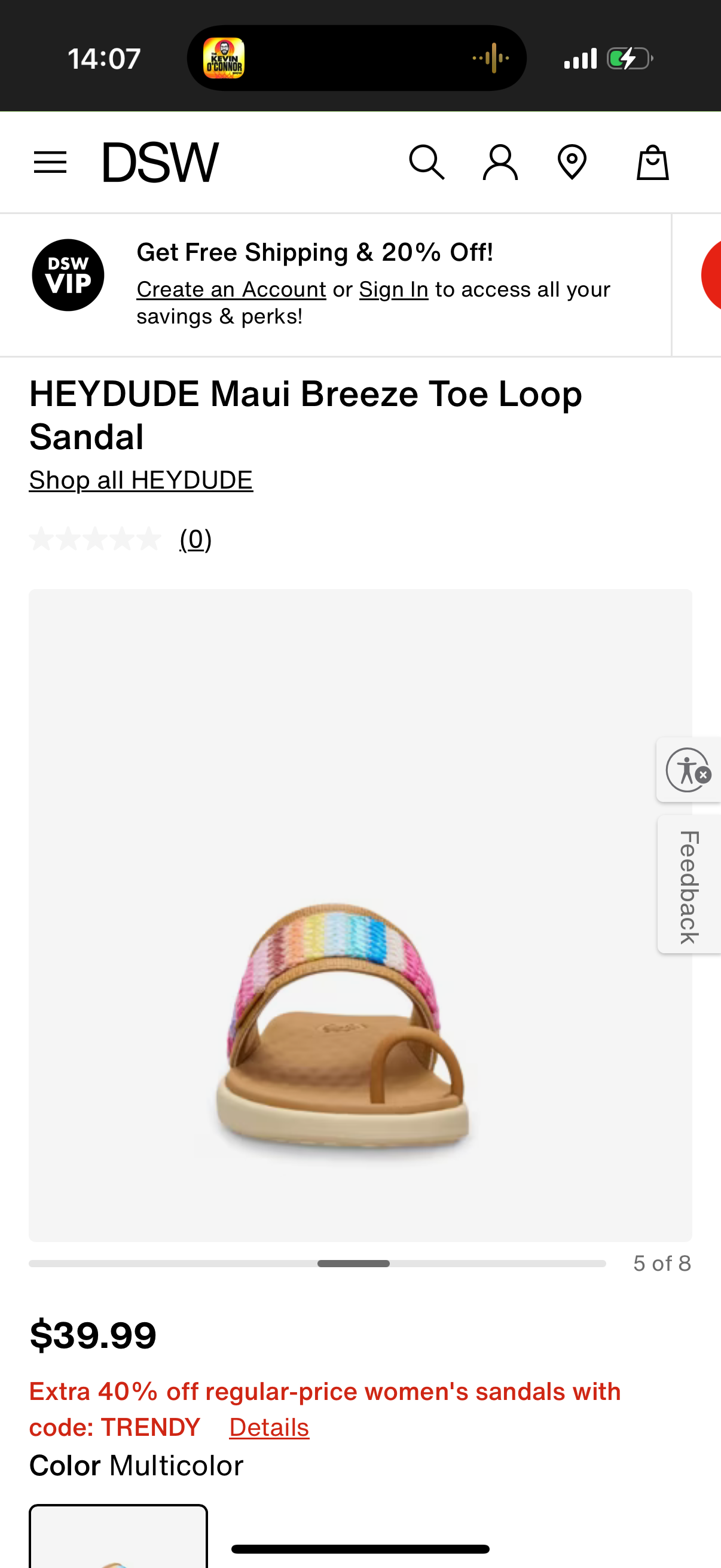 HEYDUDE Maui Breeze Toe Loop Sandal Size: US W8
