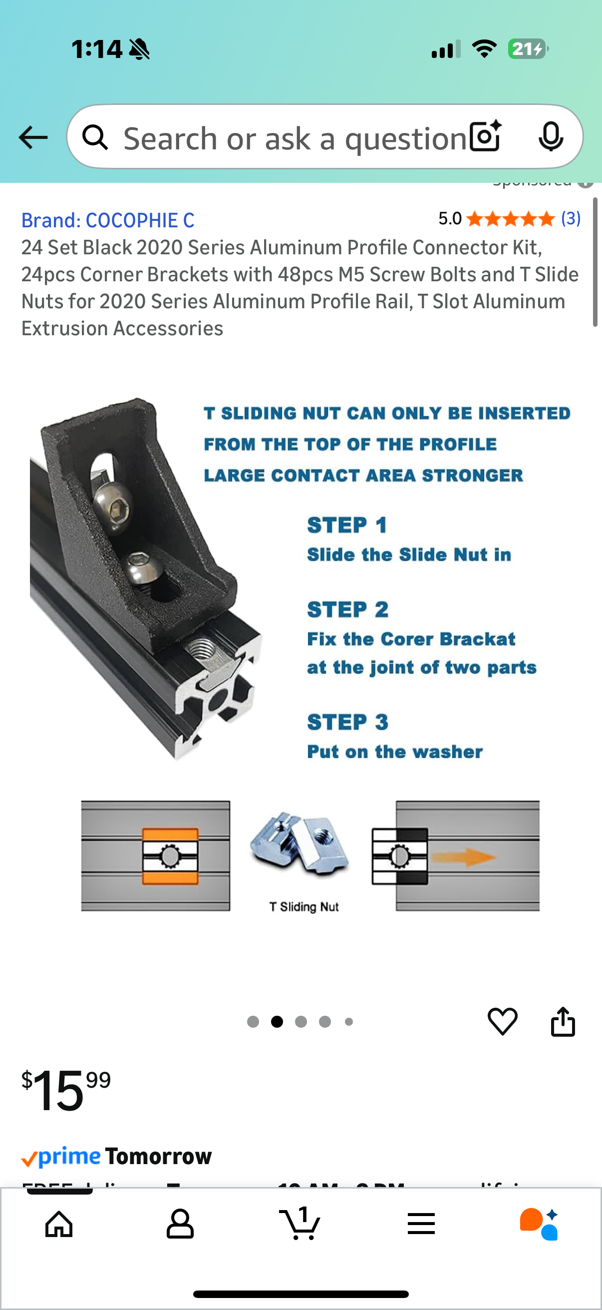 24 Set Black 2020 Series Aluminum Profile Connector Kit, 24pcs Corner Brackets with 48pcs M5 Screw Bolts and T Slide Nuts for 2020 Series Aluminum Profile Rail, T Slot Aluminum Extrusion Accessories