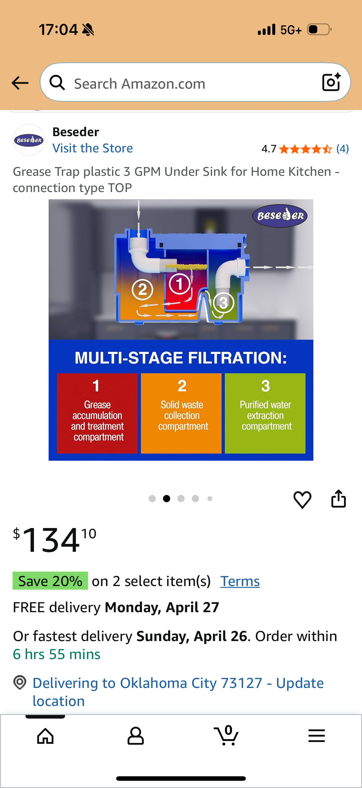 Grease Trap plastic 3 GPM Under Sink for Home Kitchen - connection type TOP