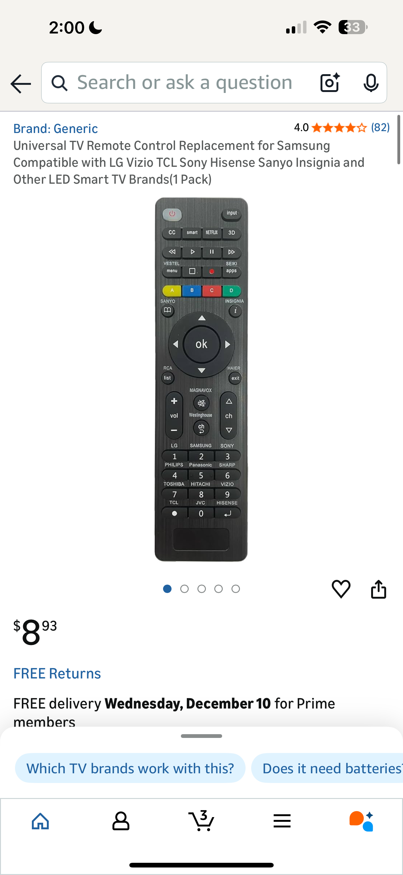 Universal TV Remote Control Replacement for Samsung Compatible with LG Vizio TCL Sony Hisense Sanyo Insignia and Other LED Smart TV Brands(1 Pack)