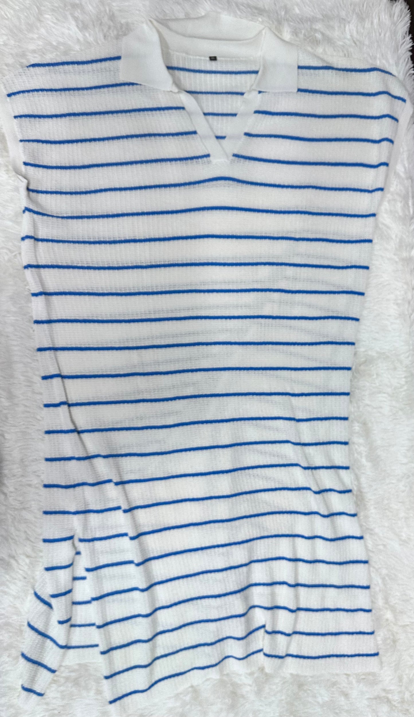 Women's Striped Summer Dress, Short Sleeve V Neck Knit Collared Maxi Sweater Dress (Size XL)