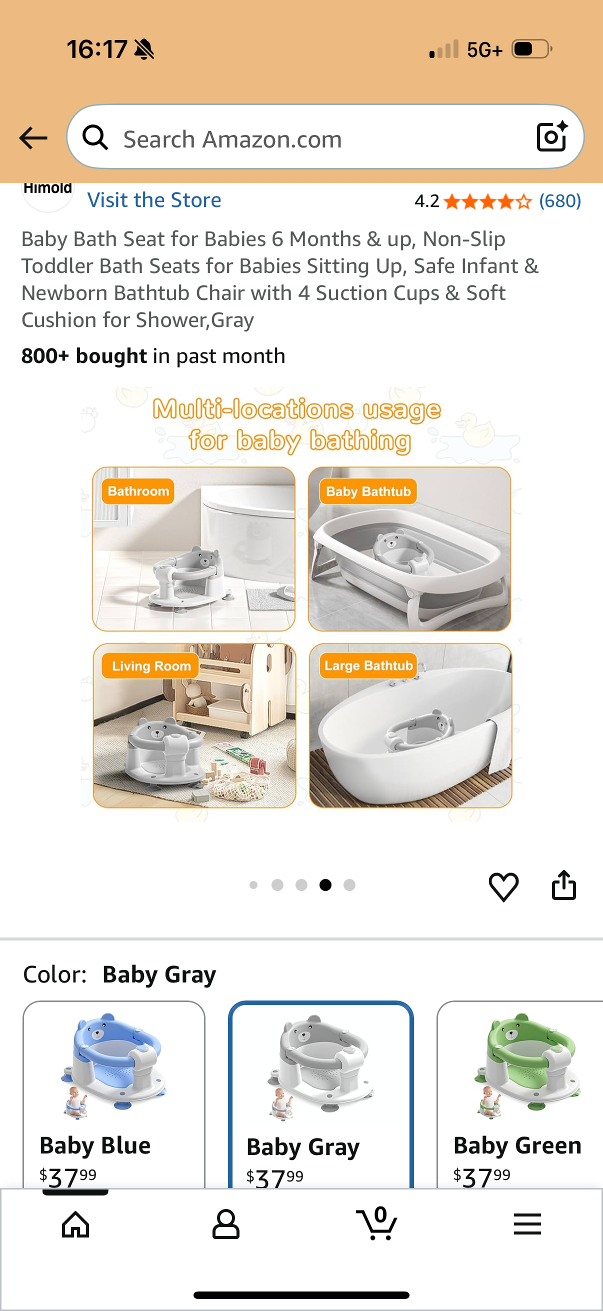 Baby Bath Seat for Babies 6 Months & up, Non-Slip Toddler Bath Seats for Babies Sitting Up, Safe Infant & Newborn Bathtub Chair with 4 Suction Cups & Soft Cushion for Shower,Gray