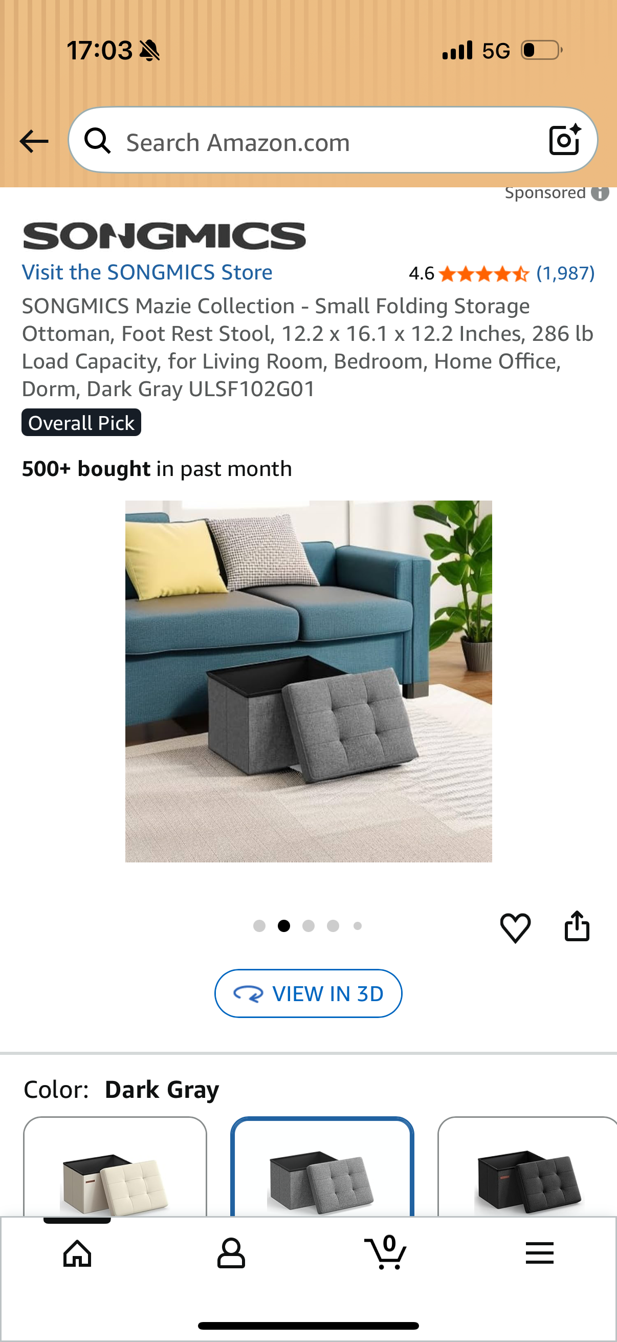 SONGMICS Mazie Collection - Small Folding Storage Ottoman, Foot Rest Stool, 12.2 x 16.1 x 12.2 Inches, 286 lb Load Capacity, for Living Room, Bedroom, Home Office, Dorm, Dark Gray