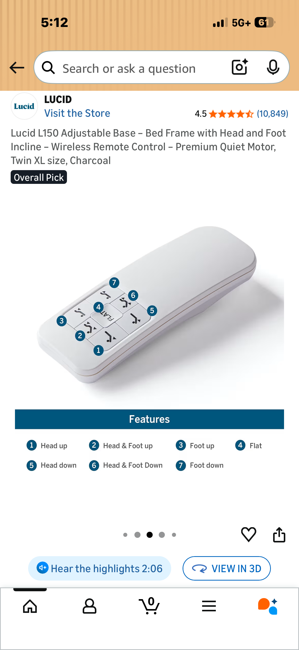Lucid L150 Adjustable Base - Bed Frame with Head and Foot Incline - Wireless Remote Control - Premium Quiet Motor, Twin XL size, Charcoal (B1231)