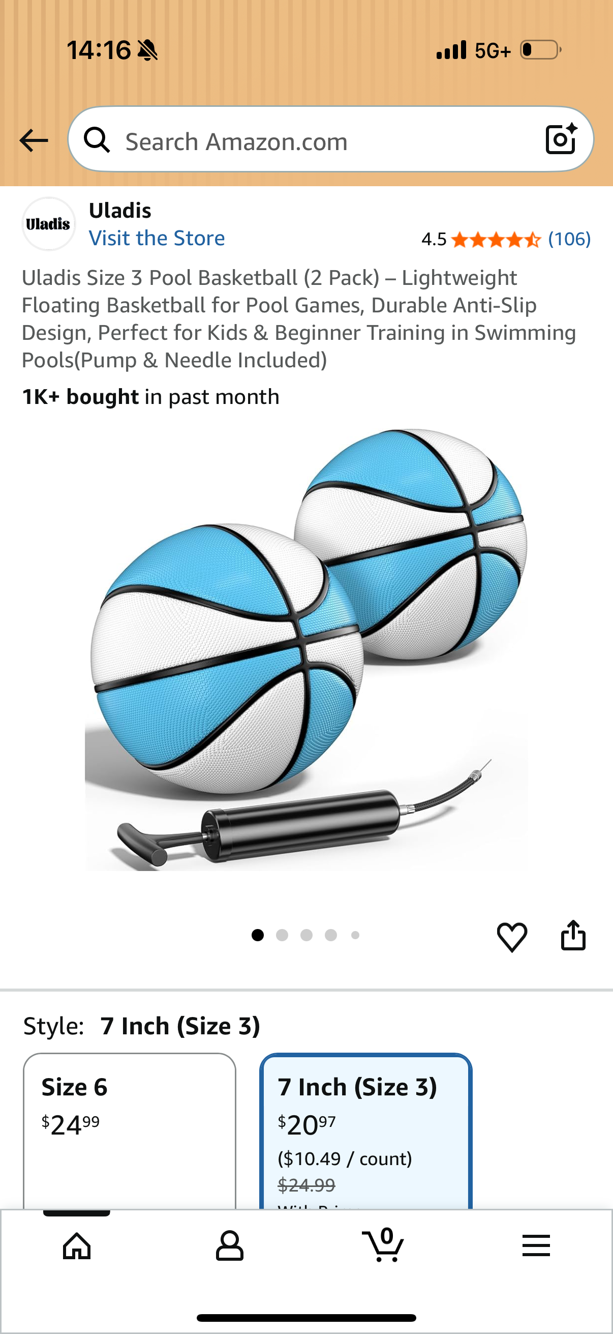 Uladis Size 3 Pool Basketball (2 Pack) – Lightweight Floating Basketball for Pool Games, Durable Anti-Slip Design, Perfect for Kids & Beginner Training in Swimming Pools(Pump & Needle Included)