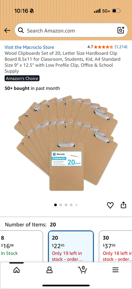Wood Clipboards Set of 20, Letter Size Hardboard Clip Board 8.5x11 for Classroom, Students, Kid, A4 Standard Size 9" x 12.5" with Low Profile Clip, Office & School Supply