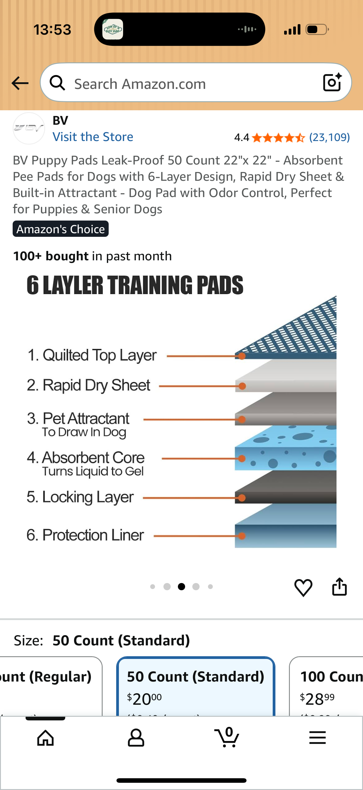 BV Puppy Pads Leak-Proof 50 Count 22"x 22" - Absorbent Pee Pads for Dogs with 6-Layer Design, Rapid Dry Sheet & Built-in Attractant - Dog Pad with Odor Control, Perfect for Puppies & Senior Dogs