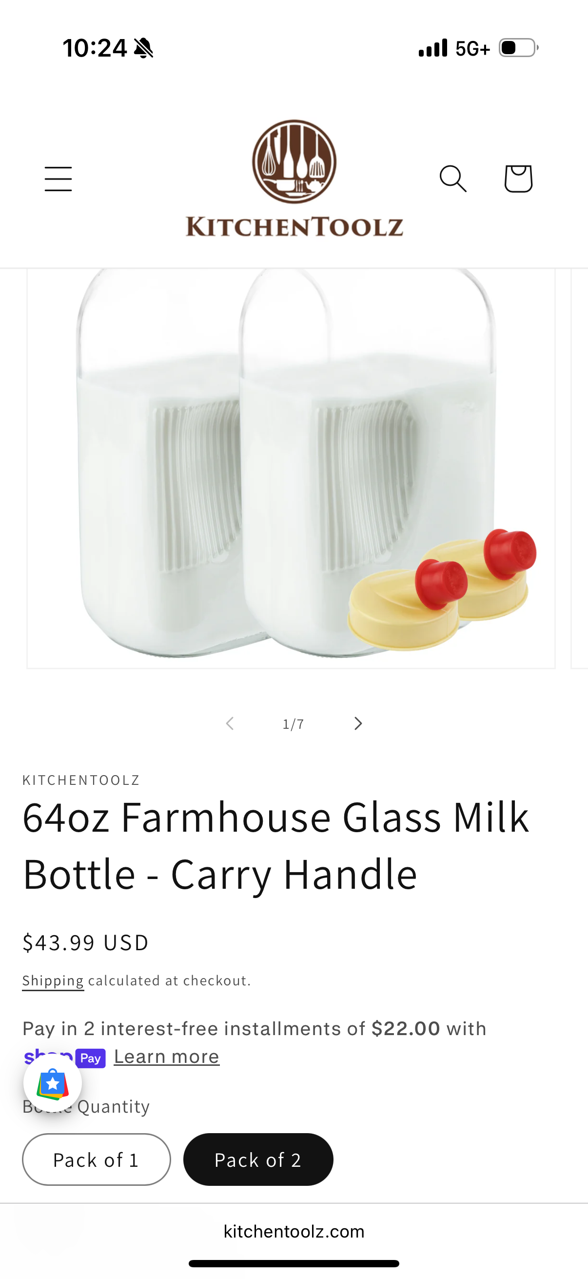 64oz Farmhouse Glass Milk Bottle - Carry Handle 2 Pack