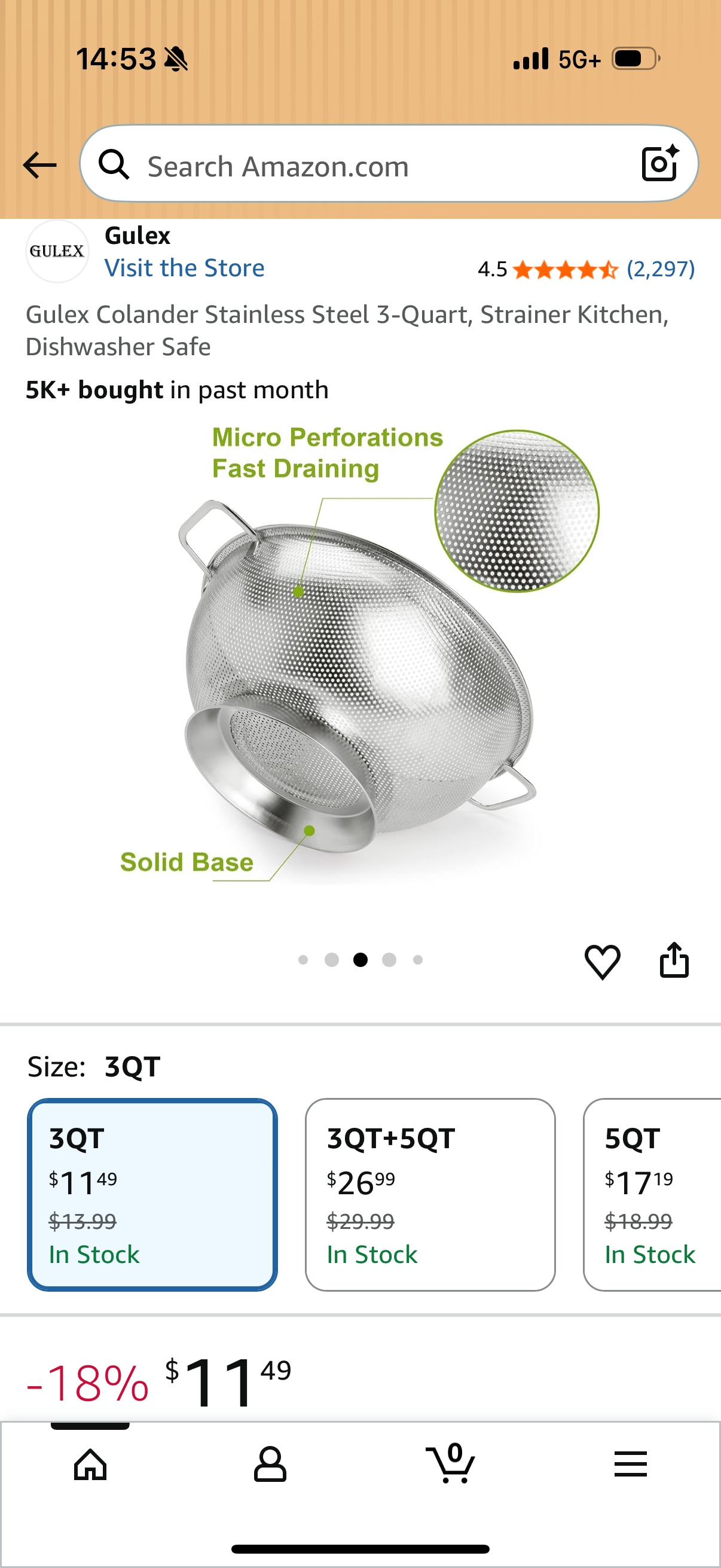 Gulex Colander Stainless Steel 3-Quart, Strainer Kitchen, Dishwasher Safe