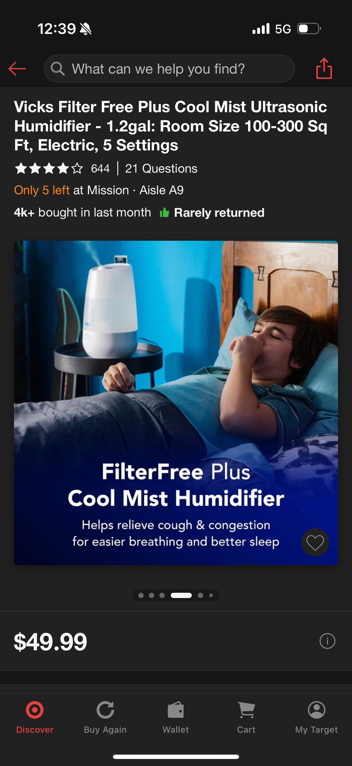 Vicks Filter Free Plus Cool Mist Ultrasonic Humidifier - 1.2gal: Room Size 100-300 Sq Ft, Electric, 5 Settings