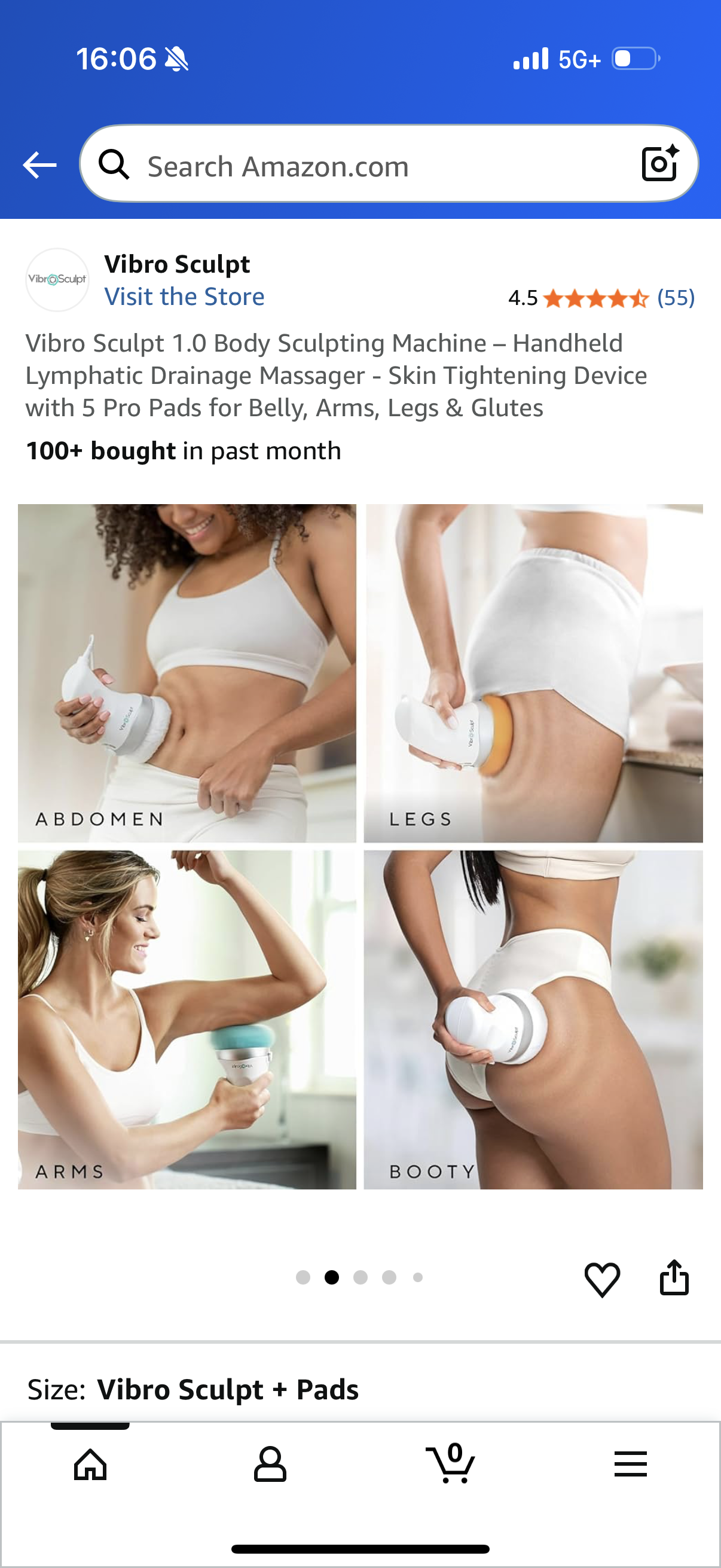 Vibro Sculpt 1.0 Body Sculpting Machine - Handheld Lymphatic Drainage Massager - Skin Tightening Device with 5 Pro Pads for Belly, Arms, Legs & Glutes