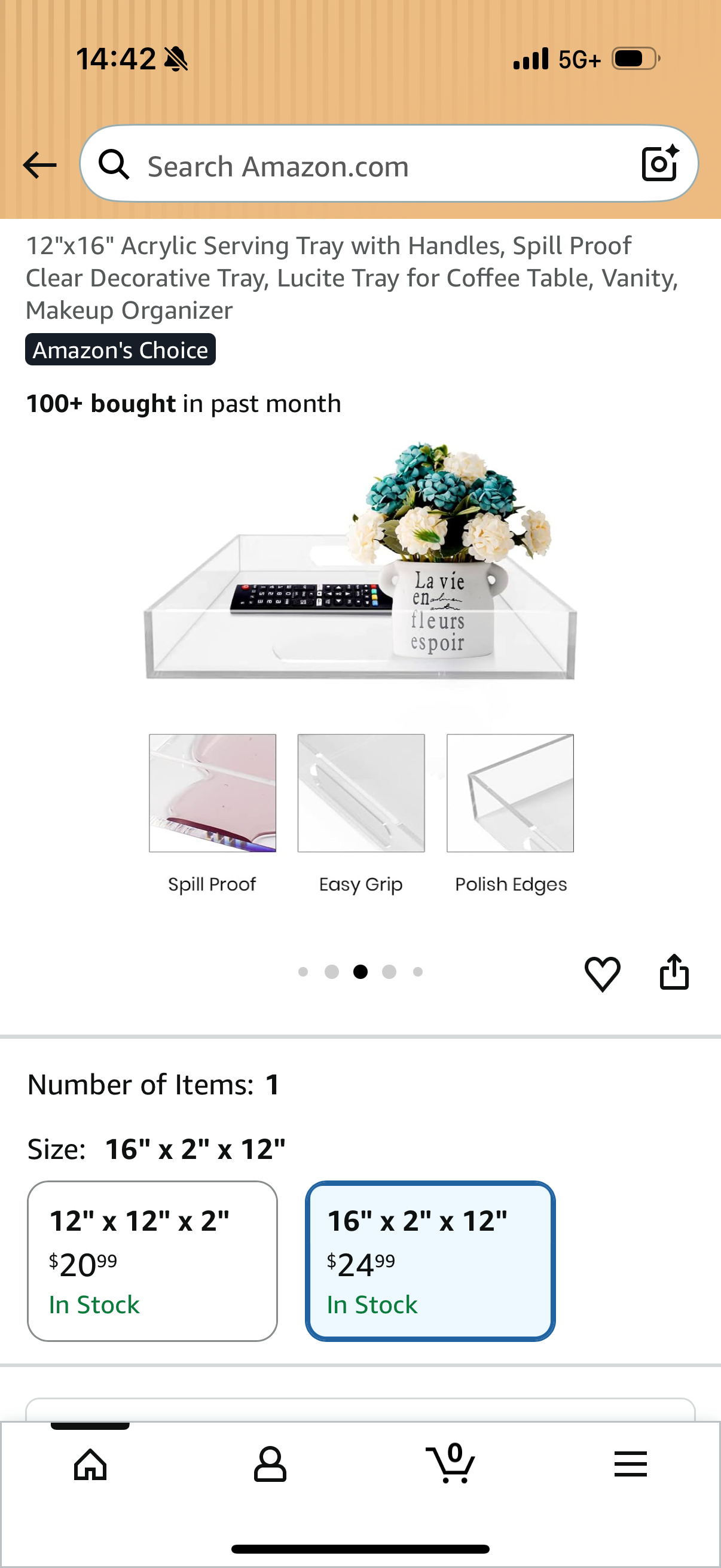 12"x16" Acrylic Serving Tray with Handles, Spill Proof Clear Decorative Tray, Lucite Tray for Coffee Table, Vanity, Makeup Organizer