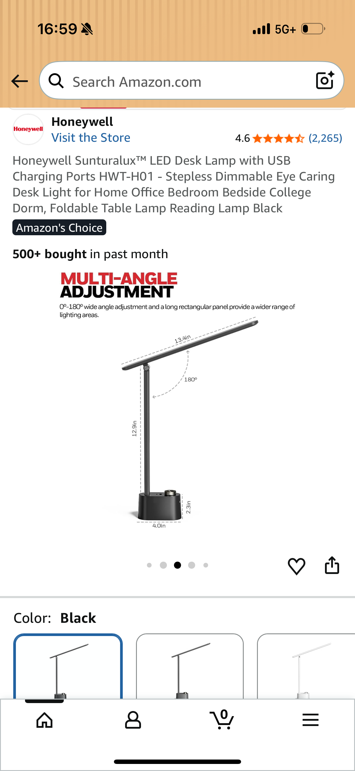 Honeywell Sunturalux™ LED Desk Lamp with USB Charging Ports HWT-HO1 - Stepless Dimmable Eye Caring Desk Light for Home Office Bedroom Bedside College Dorm, Foldable Table Lamp Reading Lamp Black