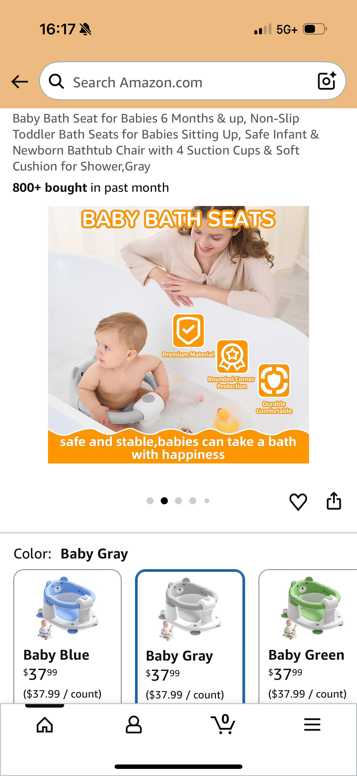 Baby Bath Seat for Babies 6 Months & up, Non-Slip Toddler Bath Seats for Babies Sitting Up, Safe Infant & Newborn Bathtub Chair with 4 Suction Cups & Soft Cushion for Shower,Gray