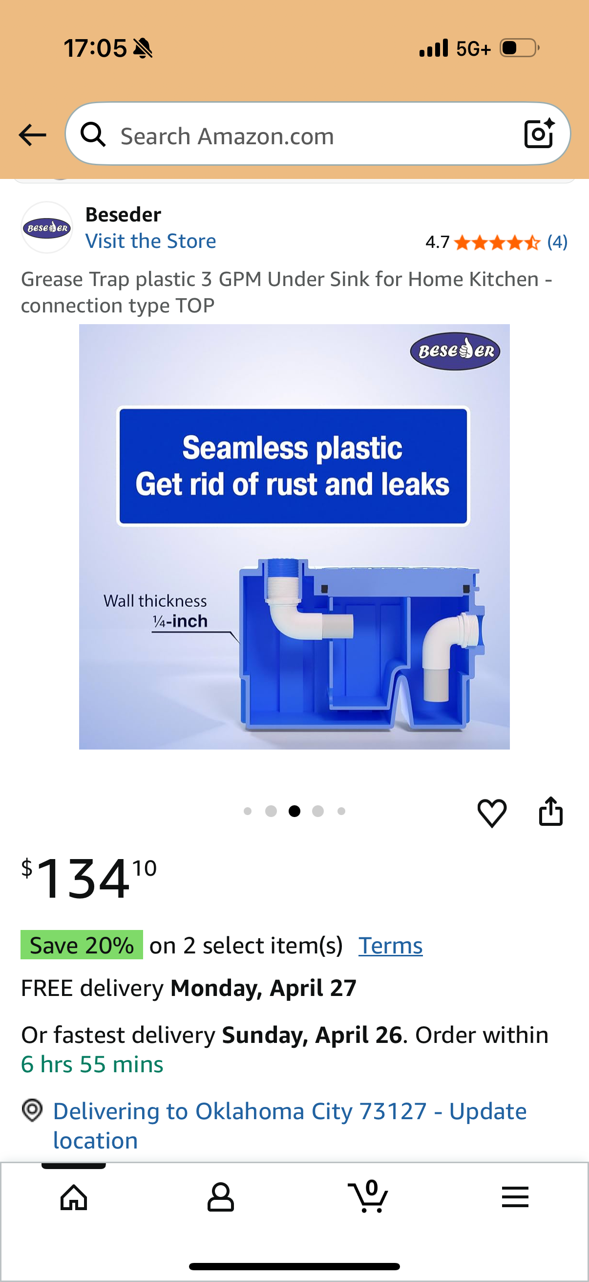 Grease Trap plastic 3 GPM Under Sink for Home Kitchen - connection type TOP