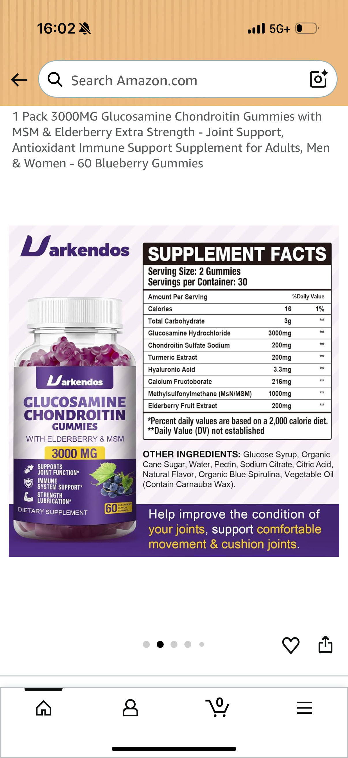 1 Pack 3000MG Glucosamine Chondroitin Gummies with MSM & Elderberry Extra Strength - Joint Support, Antioxidant Immune Support Supplement for Adults, Men & Women - 60 Blueberry Gummies BB:12/26