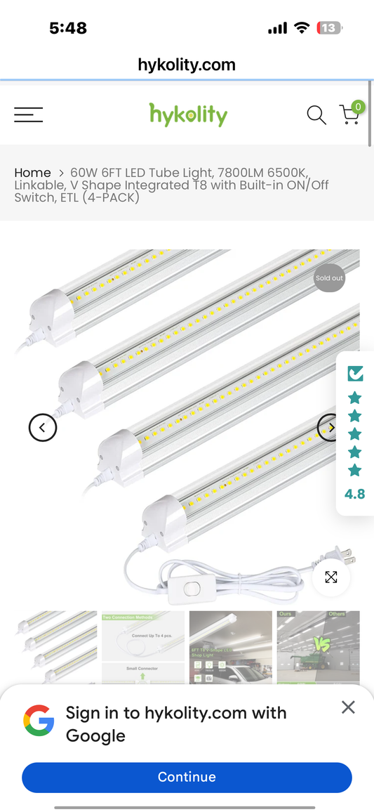 hykolity 60W 6FT LED Shop Light, 7800lm 6500K Super Bright White Linkable Ceiling Light Fixture, V Shape Integrated T8 LED Tube Light with Built-in ON/Off Switch for Workbench, Cabinet, ETL, 4 Pack (G1088)
