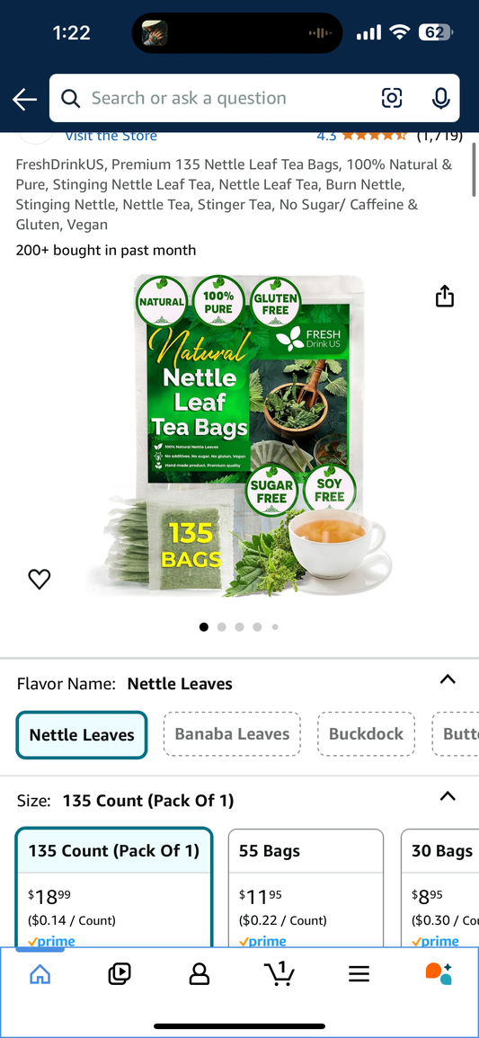 FreshDrinkUS, Premium 135 Nettle Leaf Tea Bags, 100% Natural & Pure, Stinging Nettle Leaf Tea, Nettle Leaf Tea, Burn Nettle, Stinging Nettle, Nettle Tea, Stinger Tea, No Sugar/ Caffeine & Gluten, Vegan (Ours is 205 bags)