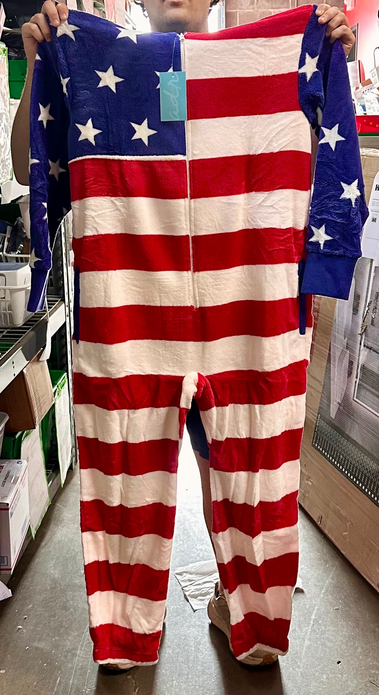 Alexander Del Rossa Warm Fleece One Piece Pajamas, Adult Onesie with Hoodie, American Flag Limited Edition (Size 3X)