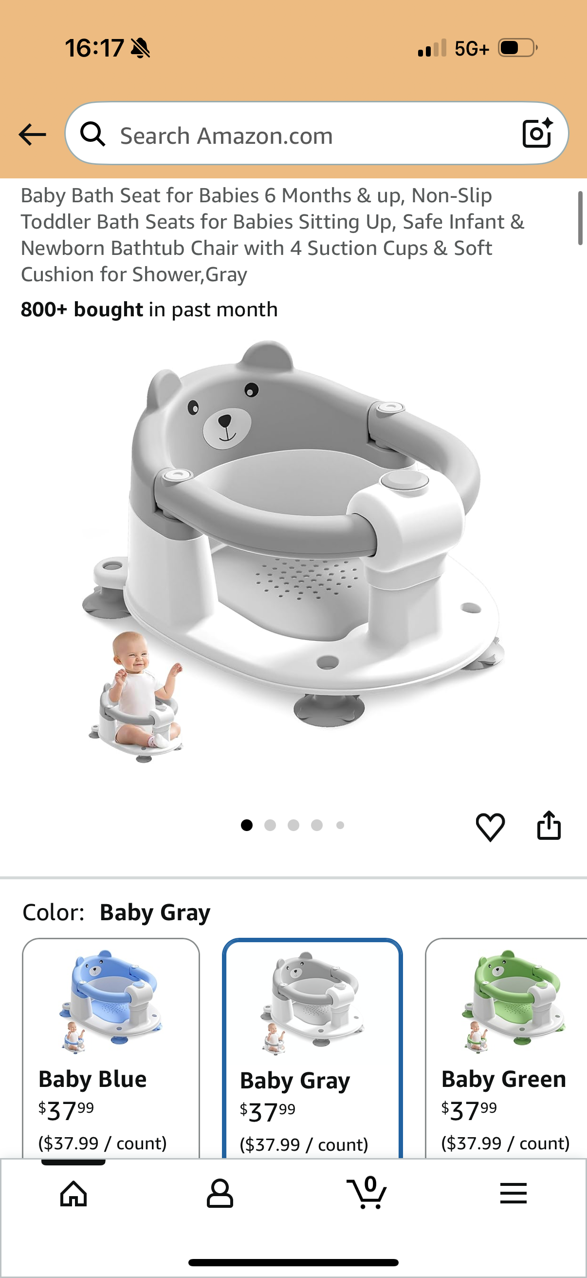 Baby Bath Seat for Babies 6 Months & up, Non-Slip Toddler Bath Seats for Babies Sitting Up, Safe Infant & Newborn Bathtub Chair with 4 Suction Cups & Soft Cushion for Shower,Gray
