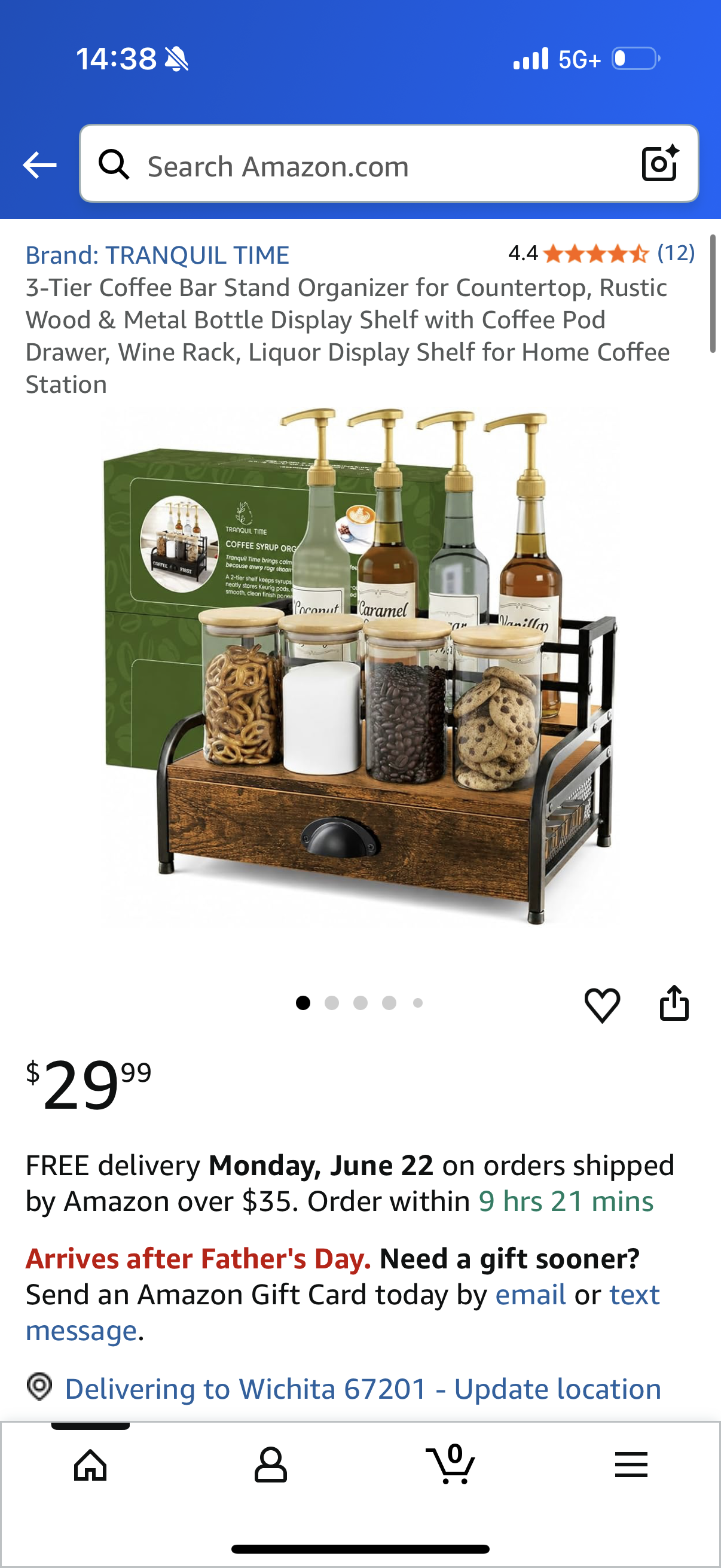 3-Tier Coffee Bar Stand Organizer for Countertop, Rustic Wood & Metal Bottle Display Shelf with Coffee Pod Drawer, Wine Rack, Liquor Display Shelf for Home Coffee Station