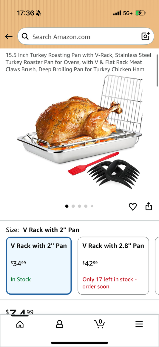 15.5 Inch Turkey Roasting Pan with V-Rack, Stainless Steel Turkey Roaster Pan for Ovens, with V & Flat Rack Meat Claws Brush, Deep Broiling Pan for Turkey Chicken Ham