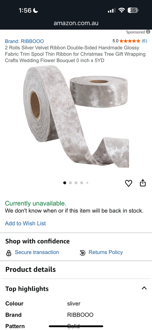 2 Rolls Silver Velvet Ribbon Double-Sided Handmade Glossy Fabric Trim Spool Thin Ribbon for Christmas Tree Gift Wrapping Crafts Wedding Flower Bouquet 0 inch x 5YD