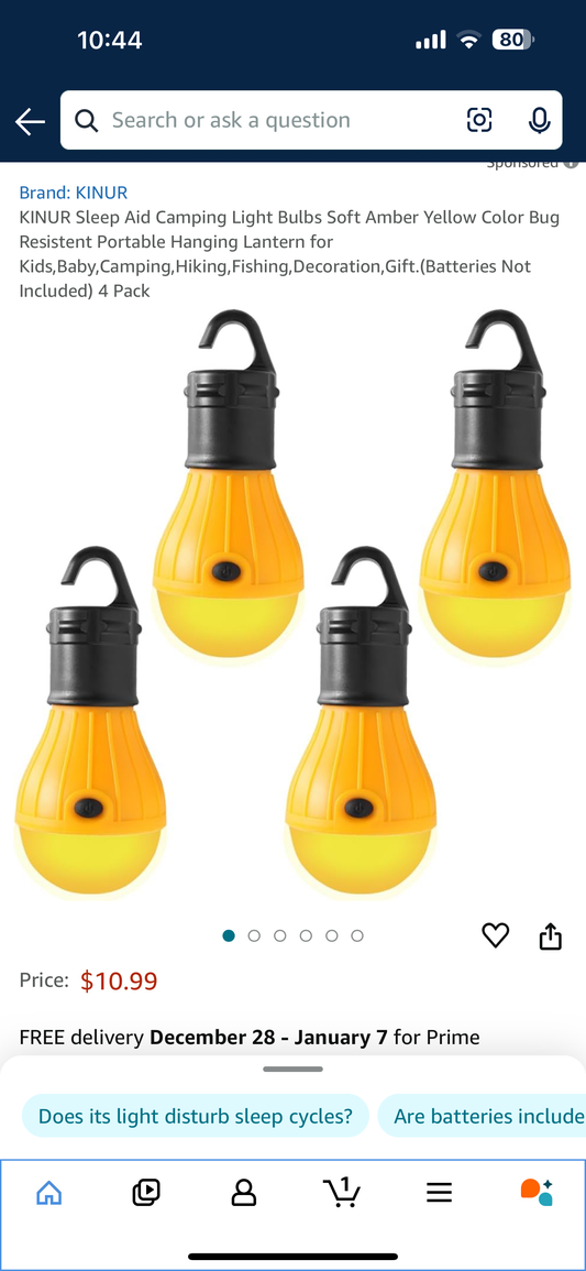 KINUR Sleep Aid Camping Light Bulbs Soft Amber Yellow Color Bug Resistent Portable Hanging Lantern for Kids,Baby,Camping,Hiking,Fishing,Decoration,Gift.(Batteries Not Included) 4 Pack