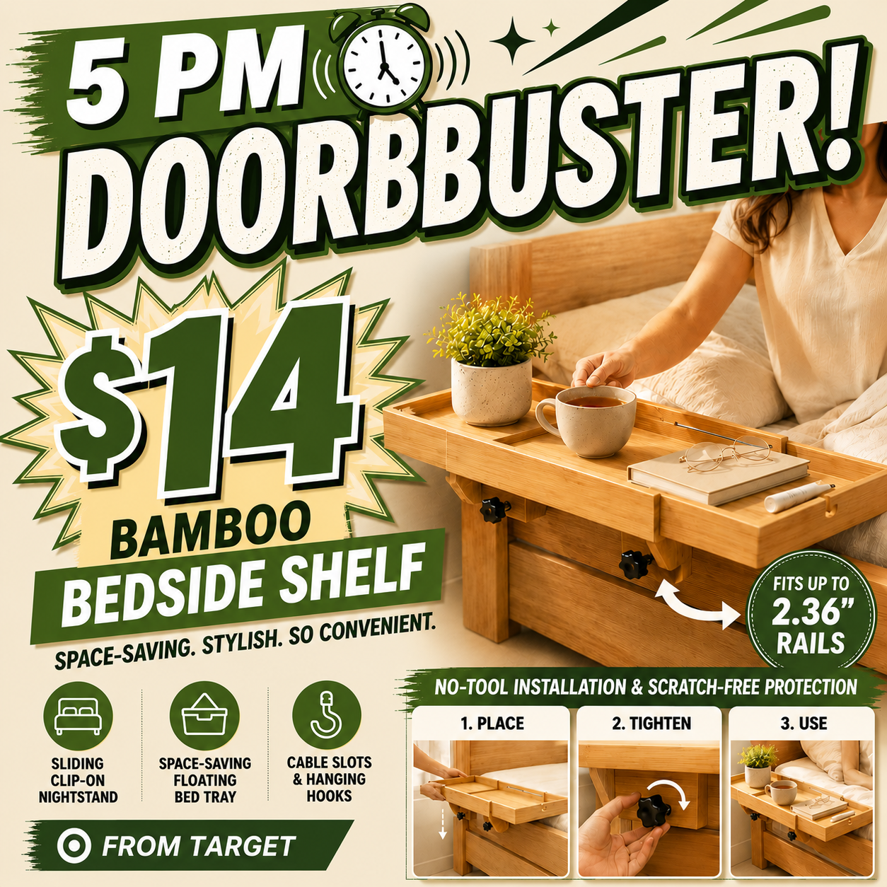 5 PM DoorBuster - Expandable Bamboo Bedside Shelf