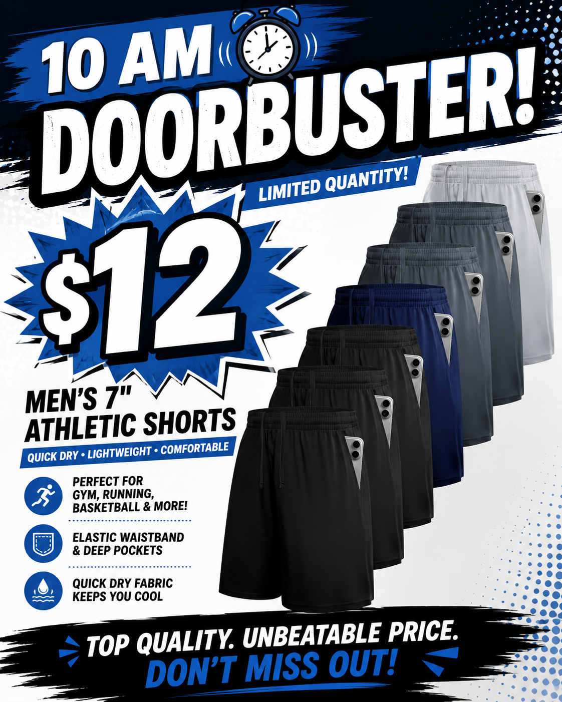 10 AM Door Buster - 7 pairs Men's Athletic Shorts (Size Large)