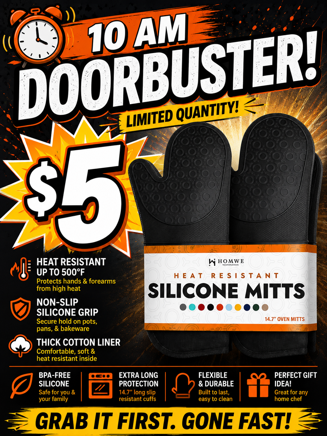 10 AM Door Buster - BPA-Free Silicone Oven Mitts