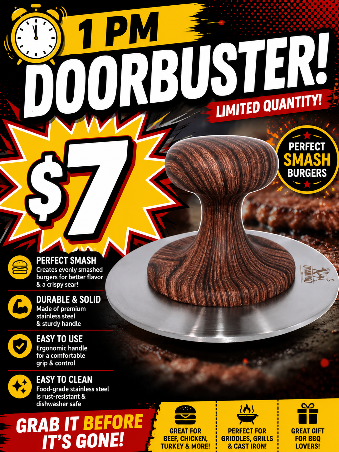 1 PM Door Buster - Burger Press Smash Burger (Wood Grain)