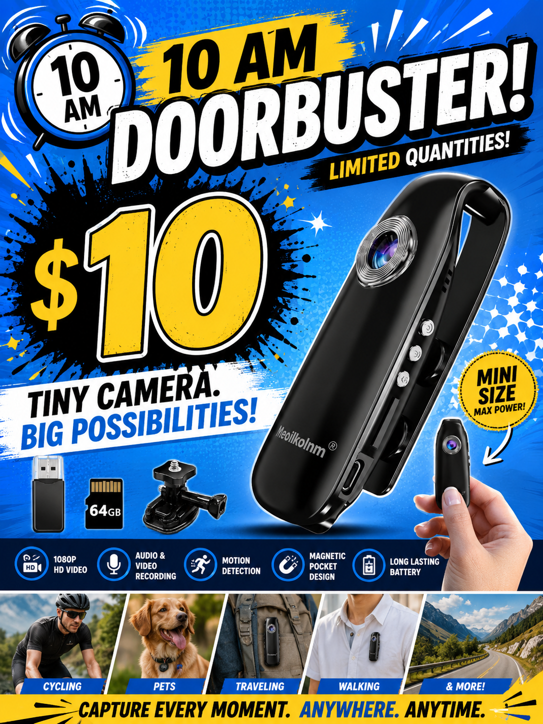 10 AM Door Buster - Meoilkolnm Mini Body Camera with Audio and Video Recording 1080P 64GB