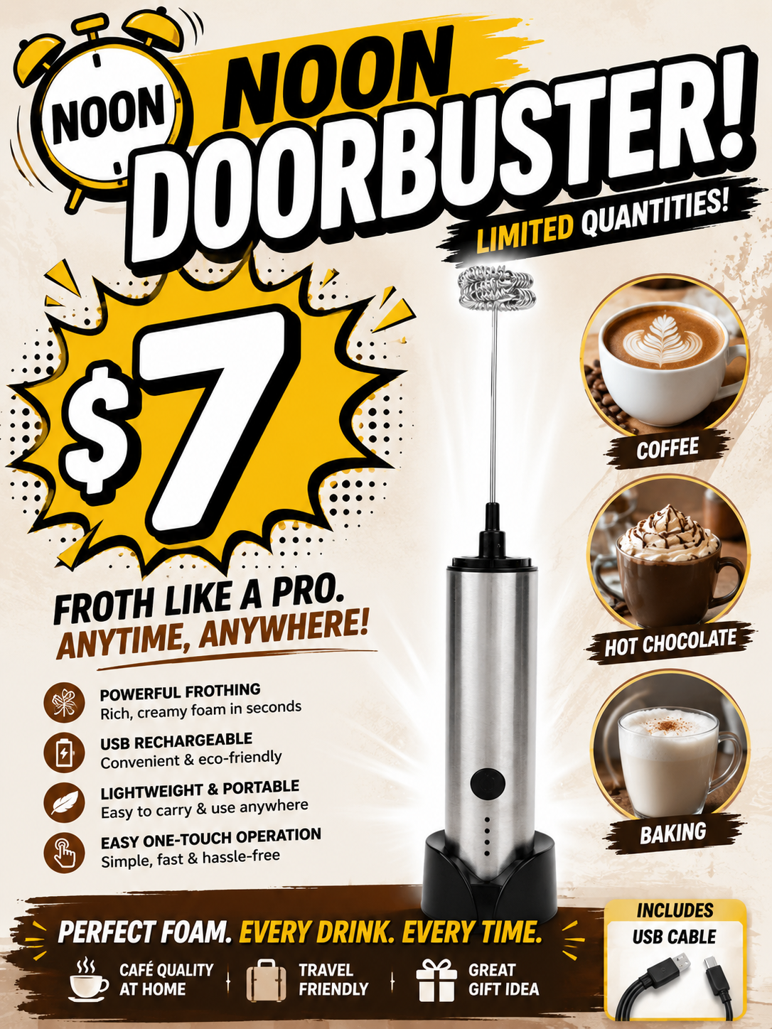 Noon Door Buster - Milk Frother, Electric USB Rechargeable with Stainless Steel Whisk