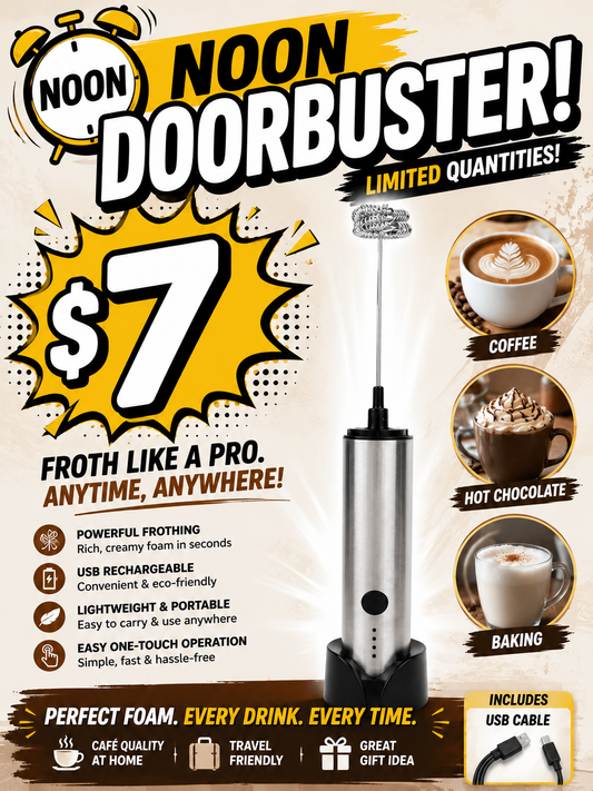 Noon Door Buster - Milk Frother, Electric USB Rechargeable with Stainless Steel Whisk