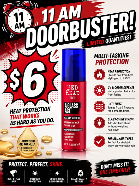 11 AM Door Buster - Bed Head by TIGI A Glass Act Multi-Tasking Heat Protectant Oil with UV & Color Defense