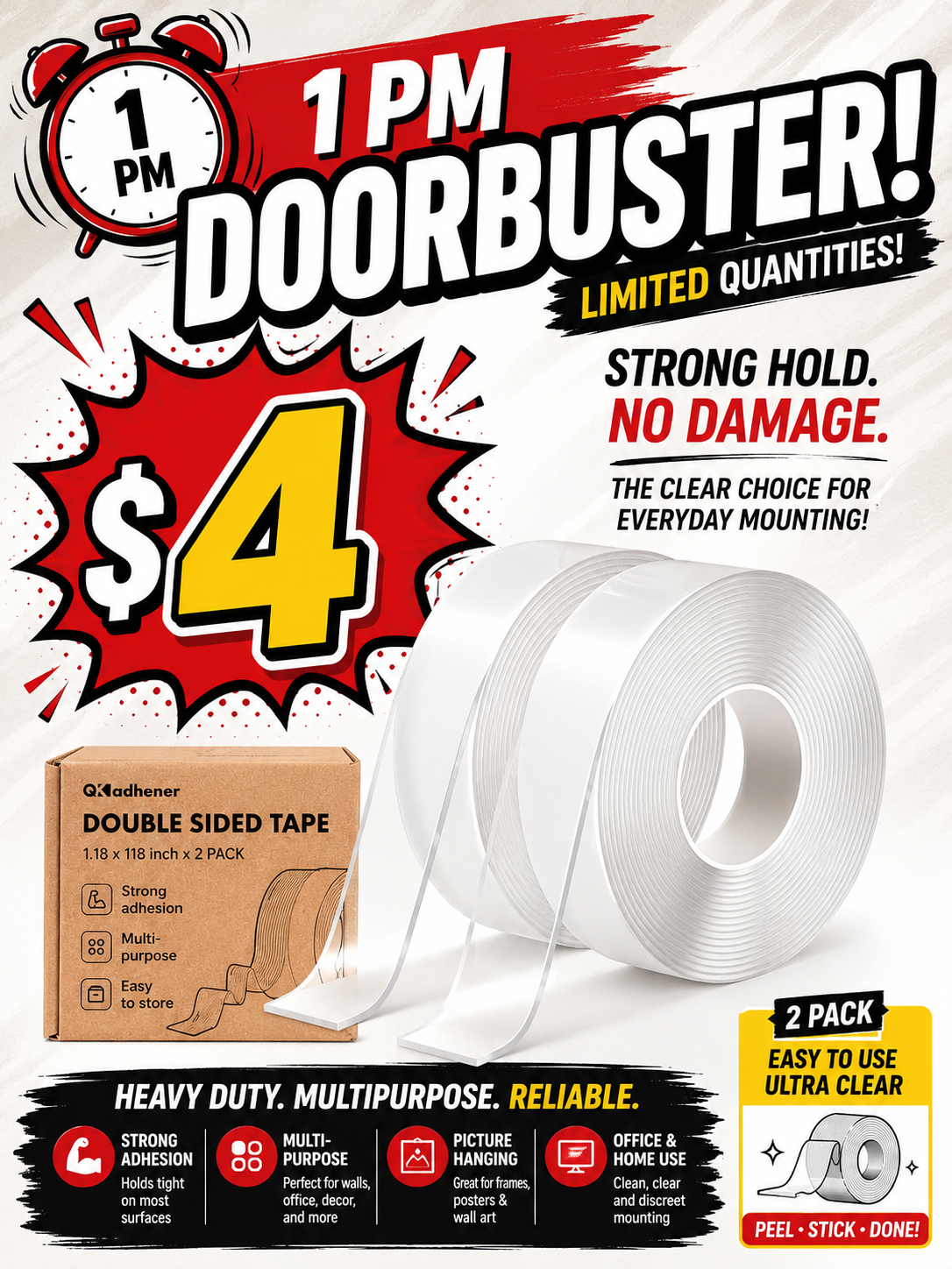1 PM Door Buster - Double Sided Tape Heavy Duty, Multipurpose Clear Mounting Tape